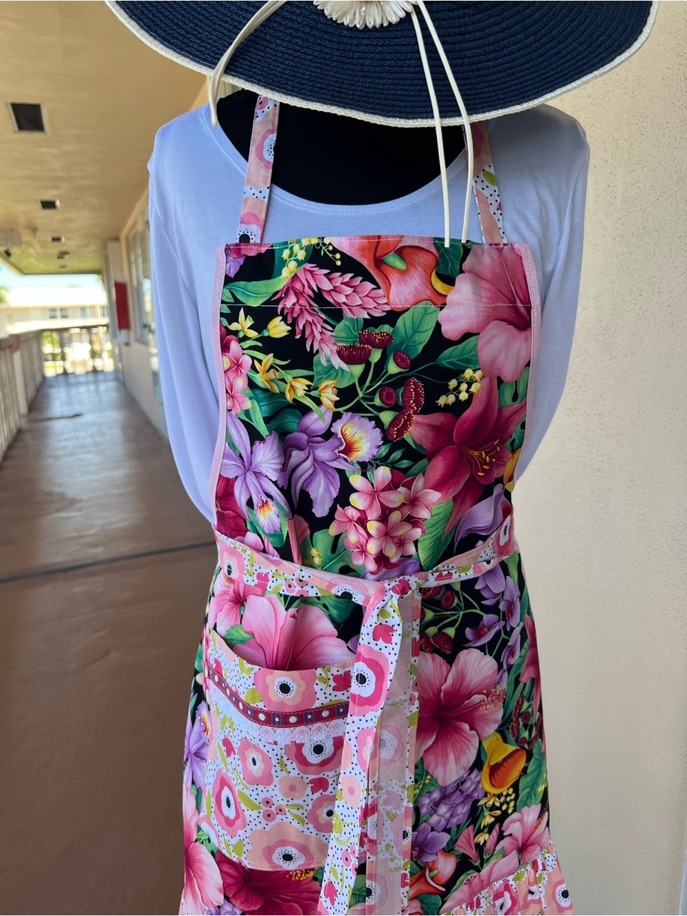 Floral Tropical Apron with Pink Accents Handmade by me. Hat it’s Not included
